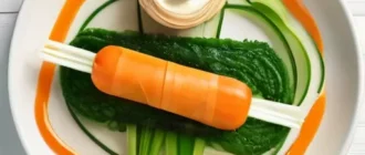Яркая фуд-арт подача на тарелке: забавные фигуры из повседневных продуктов с соусами и декоративной зеленью