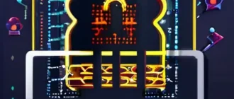 Иллюстрация киберзащиты: пользователь с щитом защищает устройство от интернет-угроз