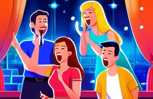 Группа детей поёт песню из фильма или мультфильма на караоке
