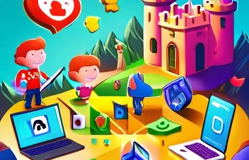 Дети играют в виртуальные квесты с дружелюбными мультгероями на планшетах и ноутбуках