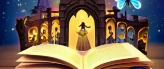 Коллаж с книгой, кинопленкой и нотами, создающий атмосферу сказок и кино в музыке