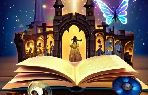 Коллаж с книгой, кинопленкой и нотами, создающий атмосферу сказок и кино в музыке