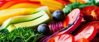Радужная тарелка, аккуратно разложенная по цветам: красный, оранжевый, желтый, зеленый, синий и фиолетовый блоки из овощей и фруктов
