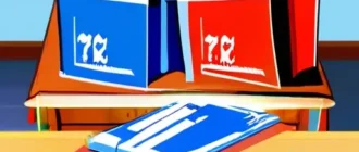 Дети участвуют в детской литературной викторине с призами и книгами на столе, яркие цвета