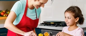 Семья на кухне готовит яркие закуски: канапе, шпажки с сыром и овощами, домашние чипсы и дип.