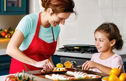 Семья на кухне готовит яркие закуски: канапе, шпажки с сыром и овощами, домашние чипсы и дип.