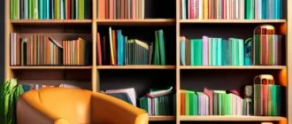 Детская зона чтения с полкой книг, читающая пара и яркие обложки, возрастные пометки на доске