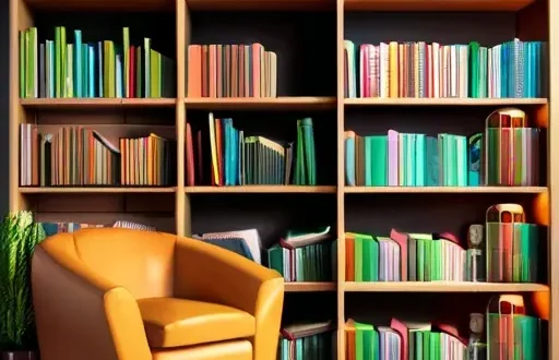 Детская зона чтения с полкой книг, читающая пара и яркие обложки, возрастные пометки на доске