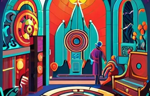 Коллаж из мультяшных персонажей, разгадывающих головоломки: шифры, пазлы и визуальные загадки в ярком мультяшном мире.