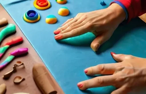 Дети и педагог занимаются лепкой из пластилина и глины за столом