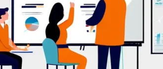 Классная комната: ученики сосредоточены на уроке, учитель рядом с доской, на стене инфографика о 10 секрета внимательности