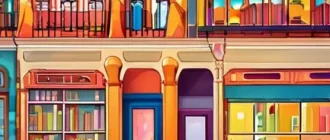 Иллюстрация: дети читают книги и комиксы в ярком городе приключений, вокруг яркие витрины и графические элементы
