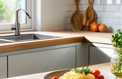 Быстрый обед из обычных продуктов: паста с чесночным маслом, овощи и яйцо на столе на кухне.
